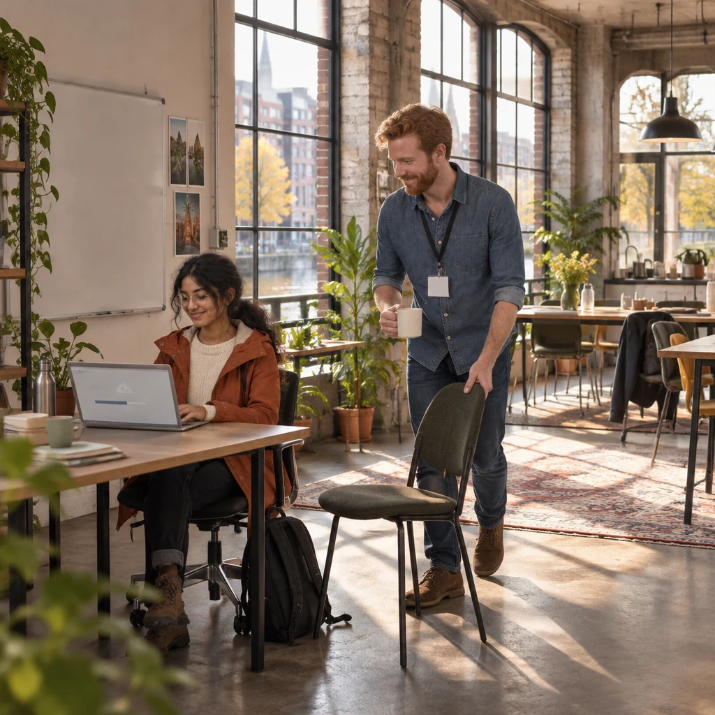 Priya works at her laptop as Jonas approaches with his mug and pulls over a chair.