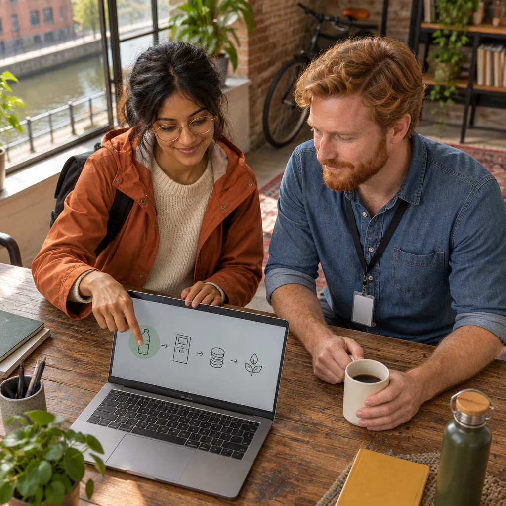Priya slides the laptop to the middle of the table and invites Jonas to start the flow from the beginning.