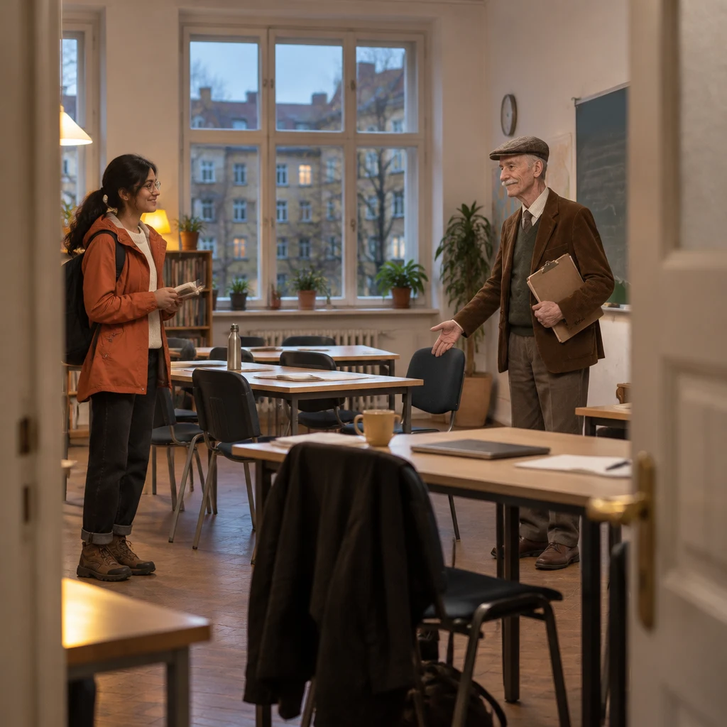 Priya waits by the classroom door with her notebook open as Schulze turns from the board and nods toward a chair.