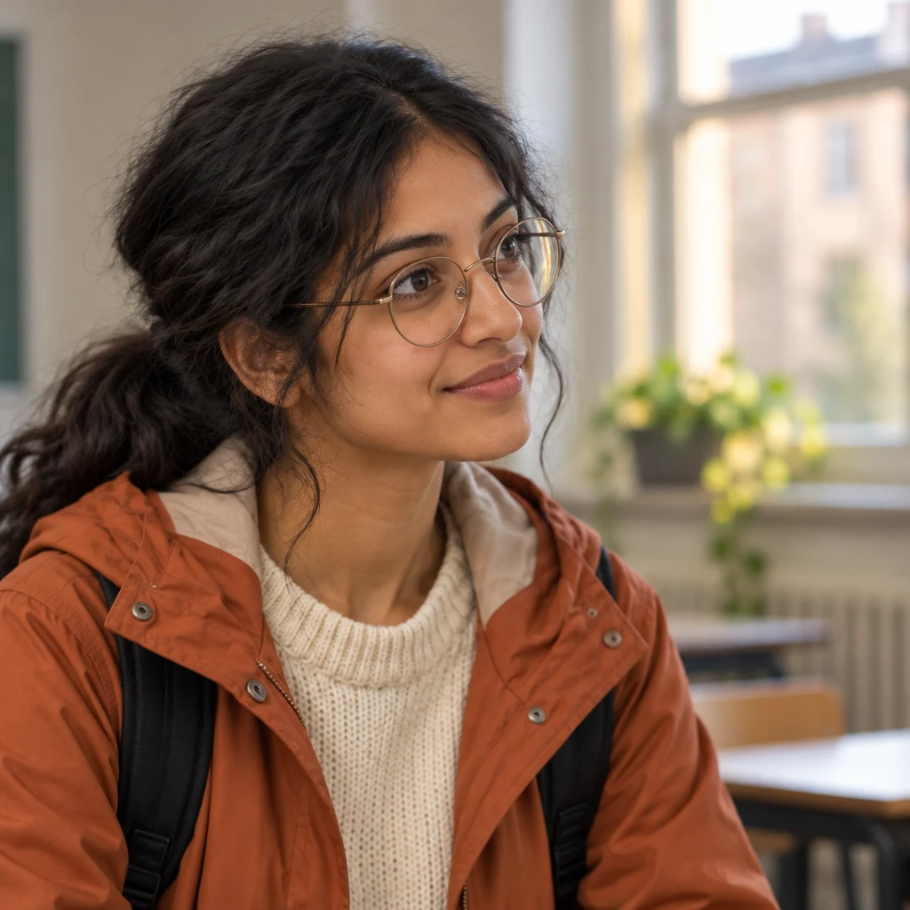 Priya tilts her head and listens attentively, waiting for Schulze to repeat the example.