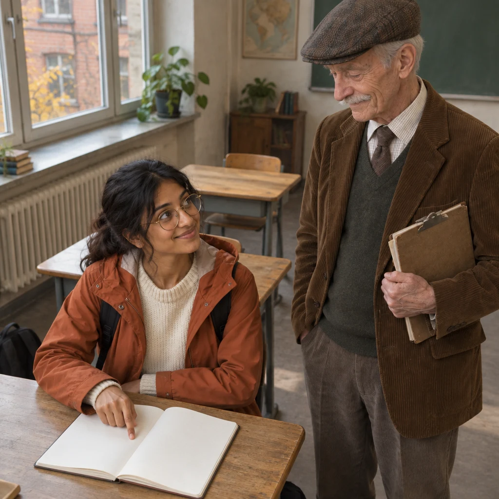 Priya points to the clean page of her notebook and looks up toward Schulze for an example.