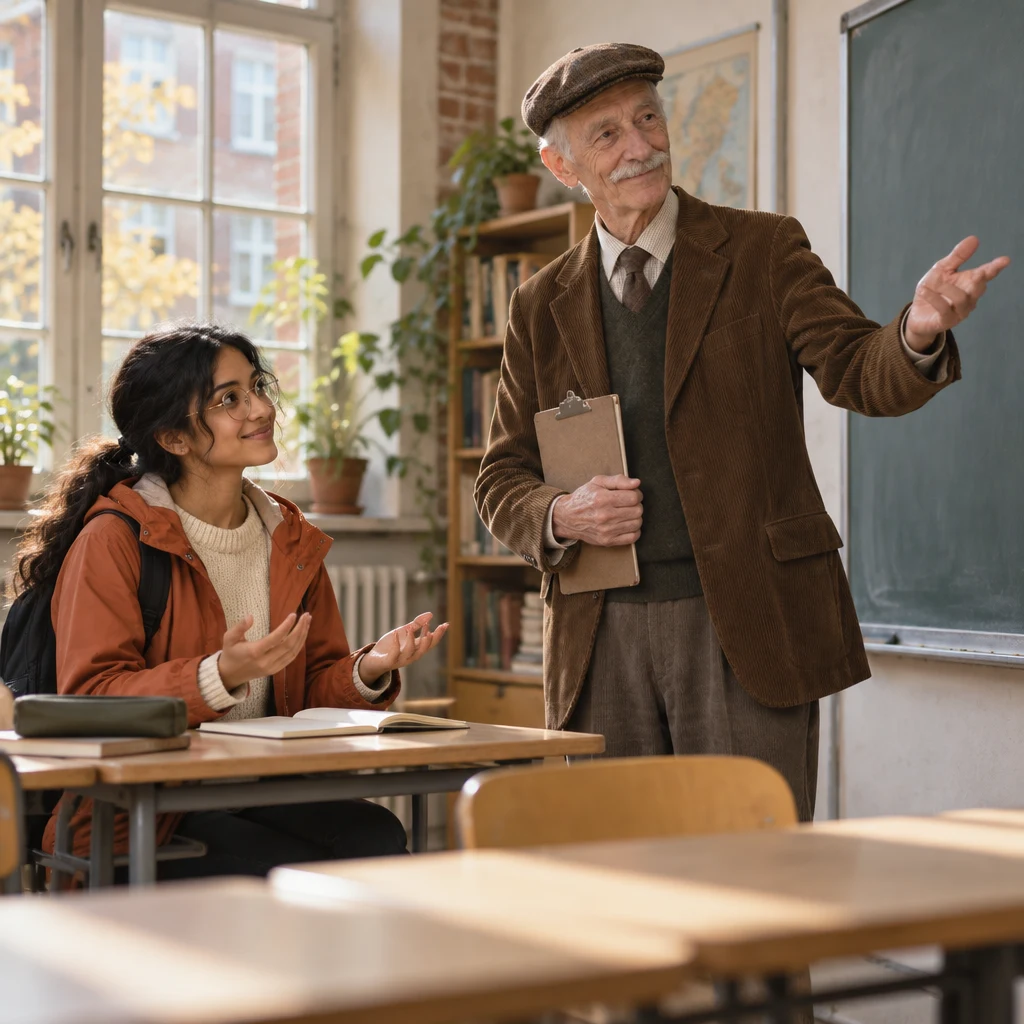 Priya opens both hands toward Schulze while he gestures calmly beside the board.