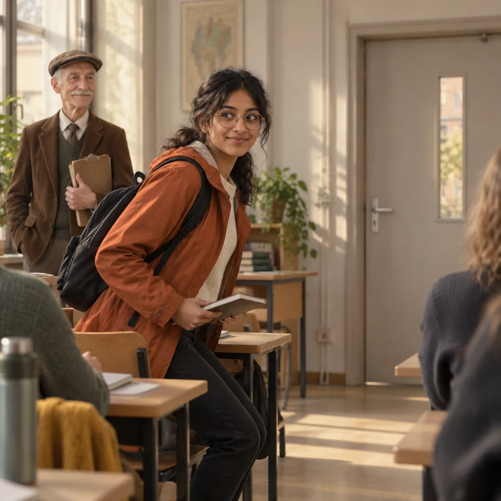 Priya half rises from her chair and turns toward the classroom door with her notebook partly closed.