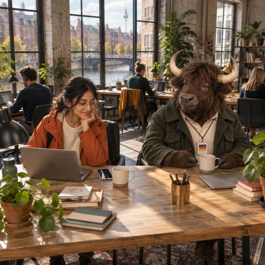 Priya sits at her canal-side co-working desk as a voice message arrives, while Anton occupies two chairs nearby.