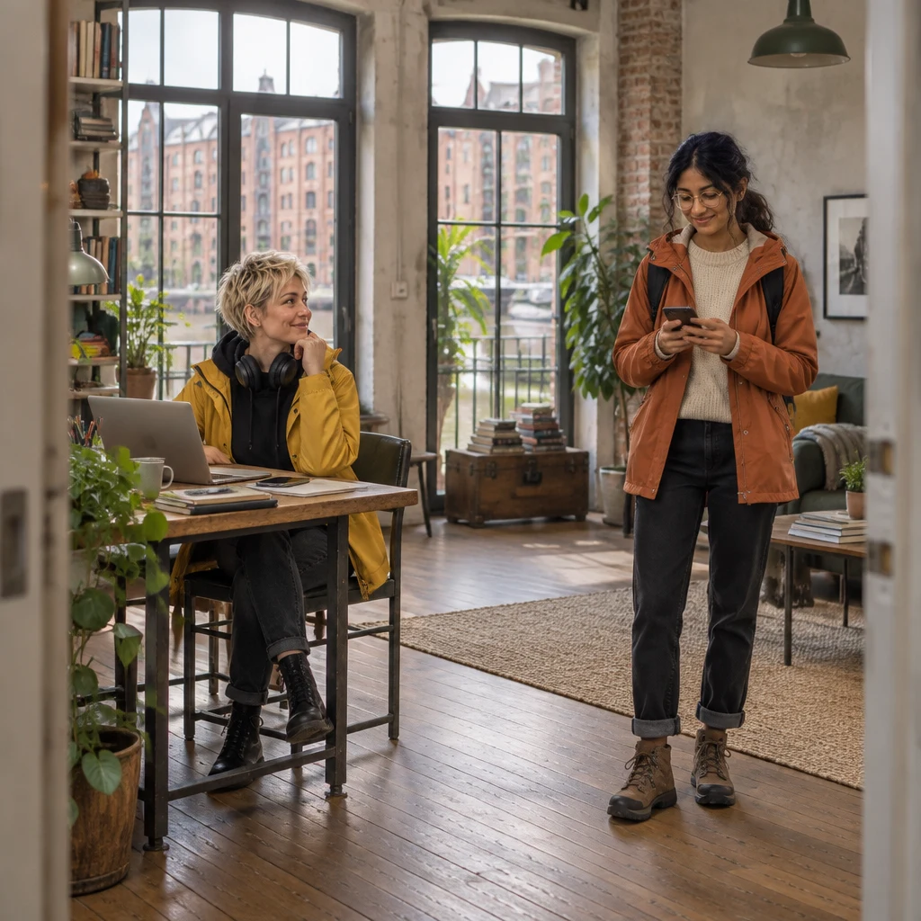 Jule sits at the desk with headphones around her neck and her phone nearby while Priya pauses across the quiet loft.
