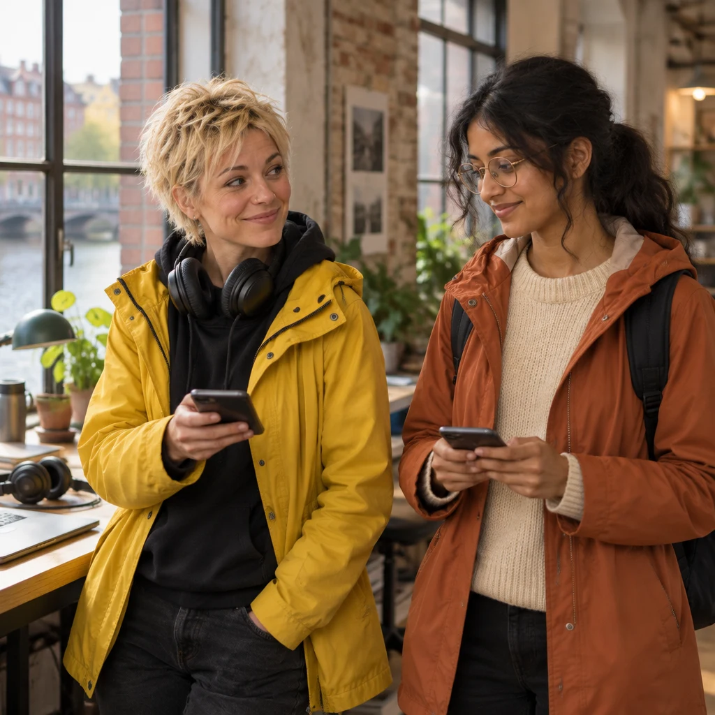 Jule holds her phone and looks across at Priya, checking whether she uses the app.