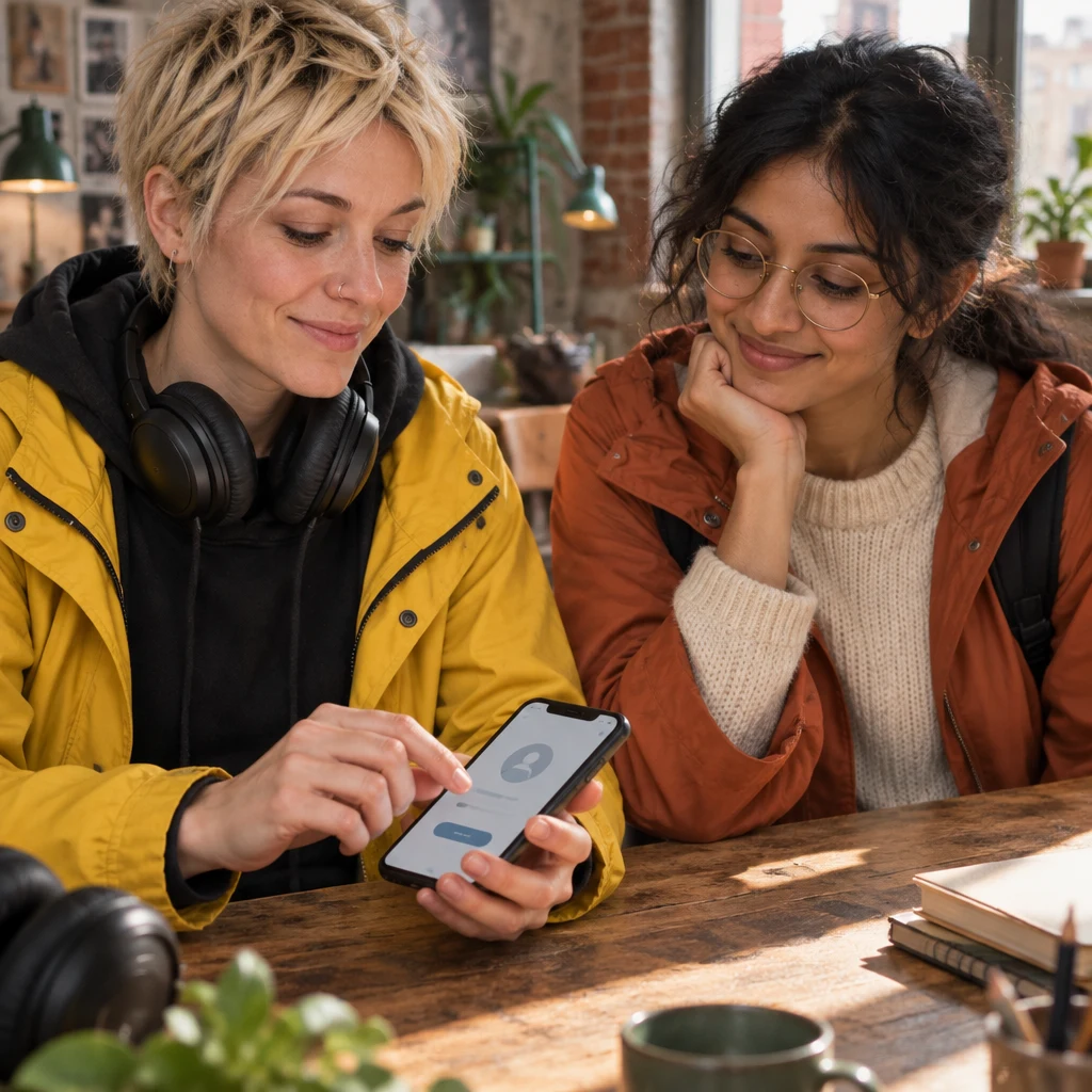 Jule taps her phone to add Priya as a contact.