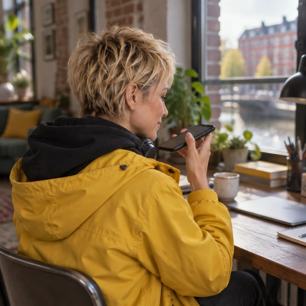 Jule holds her phone near her mouth as she records a voice message.