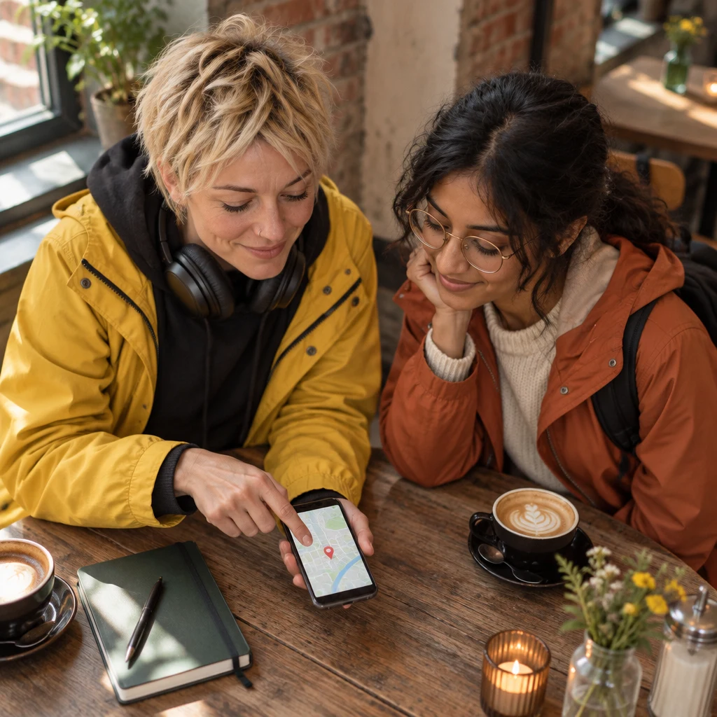 Jule turns her phone toward Priya to share her location.