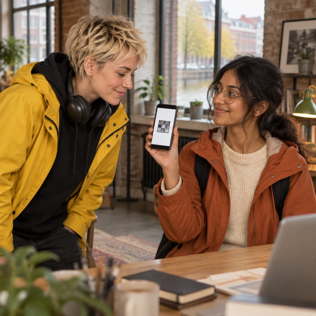Priya holds up her phone with a square code on the screen for Jule to scan.