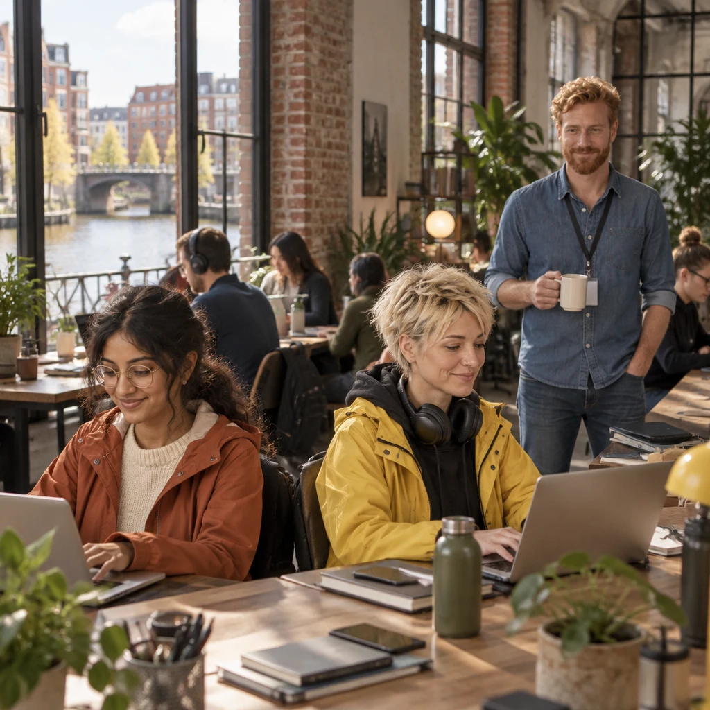 Priya and Jule work at the long desk while Jonas stands by the plants with his coffee mug.