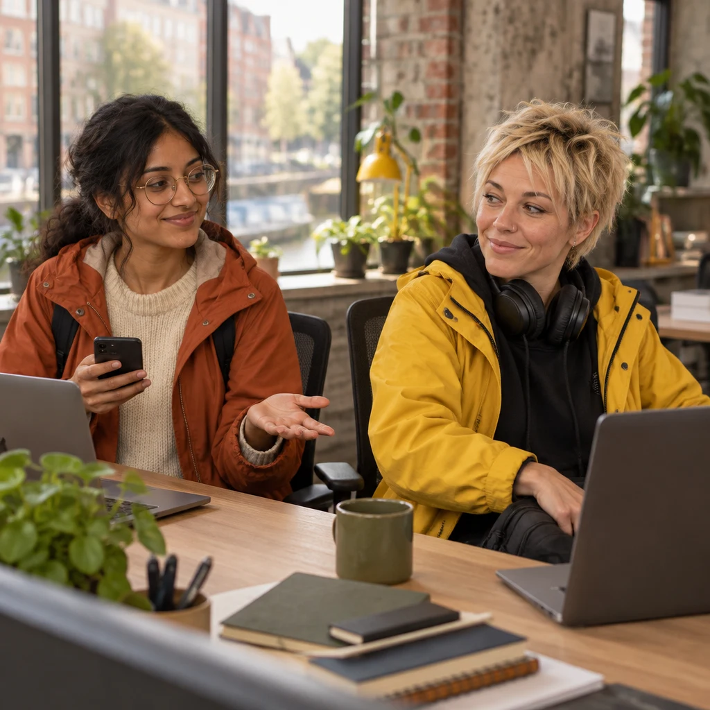 Priya turns to ask Jule for a charger while Jule reaches toward her bag.