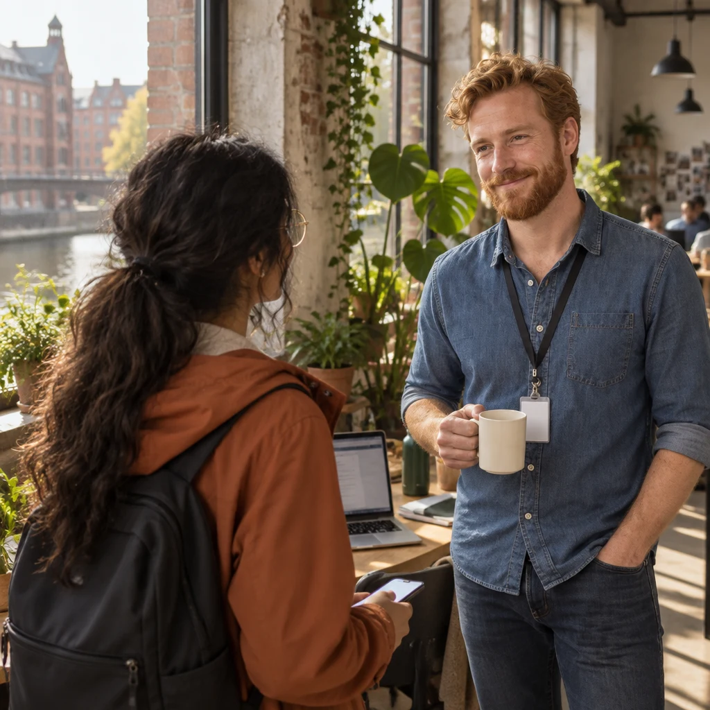 Priya asks Jonas for the Wi-Fi password beside the loft windows.