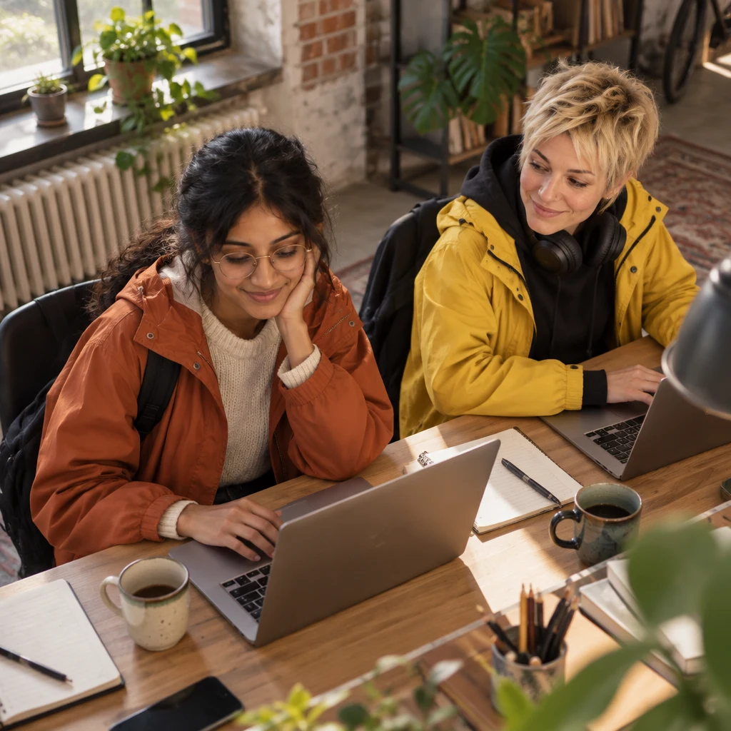 Priya waits at her laptop as a web page loads slowly, with Jule seated nearby.