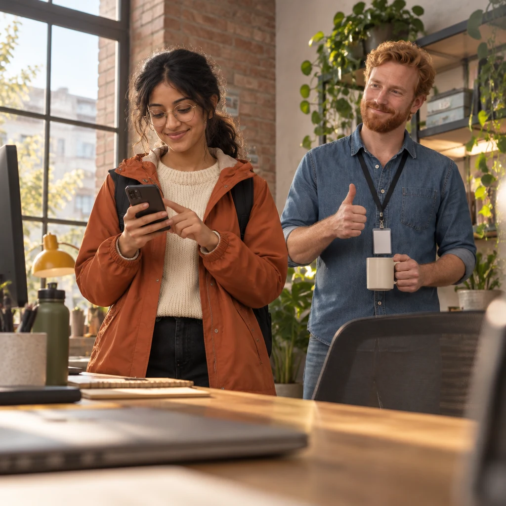 Priya turns on a hotspot at her phone as Jonas thanks her from beside the plants.