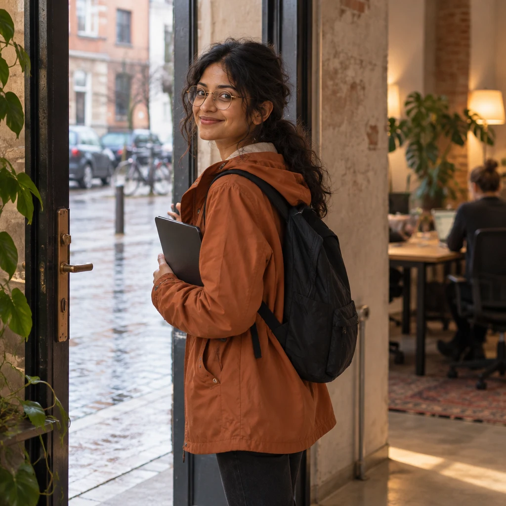 Priya turns back into the co-working loft with her laptop bag instead of stepping onto the ice.