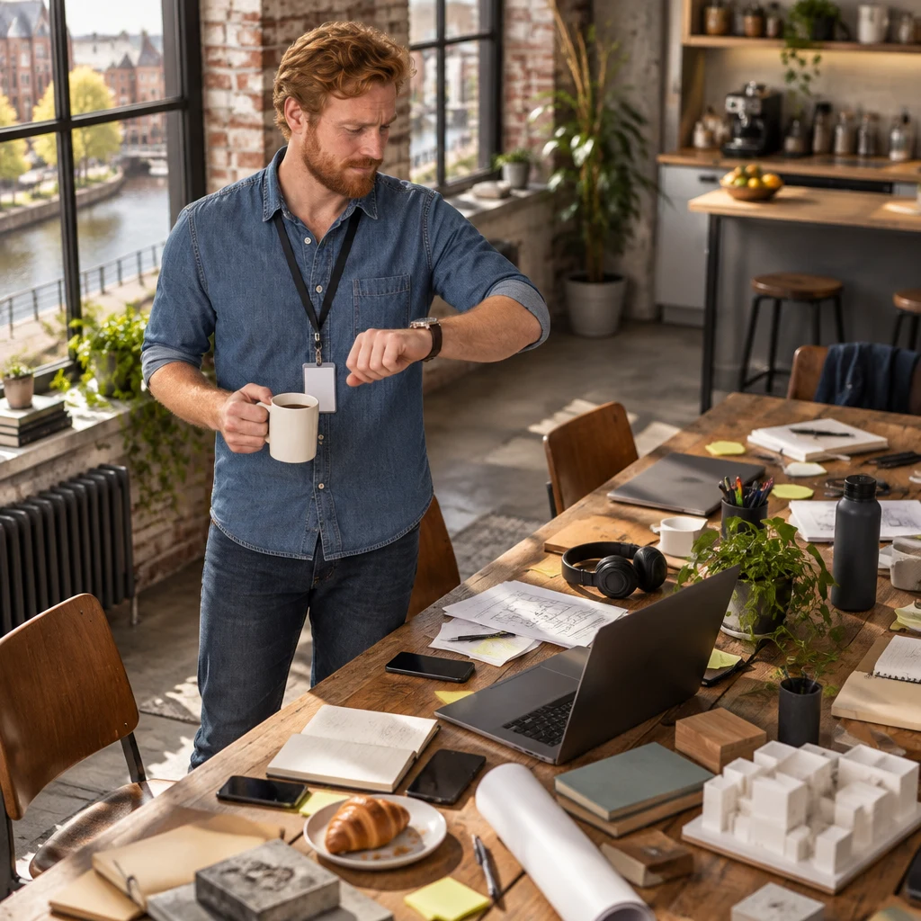 Jonas looks over the cluttered table and checks the time.