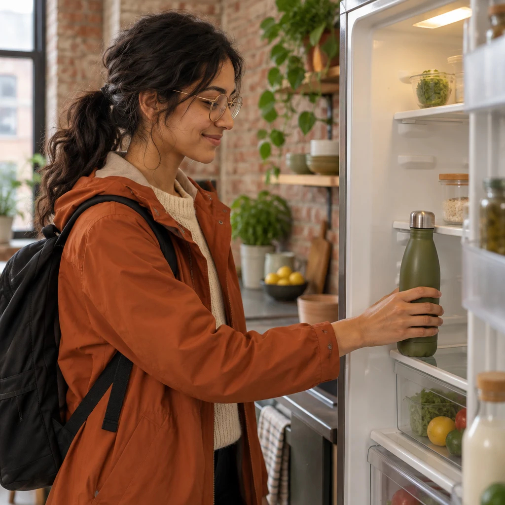 Priya puts the water bottle into the open fridge.