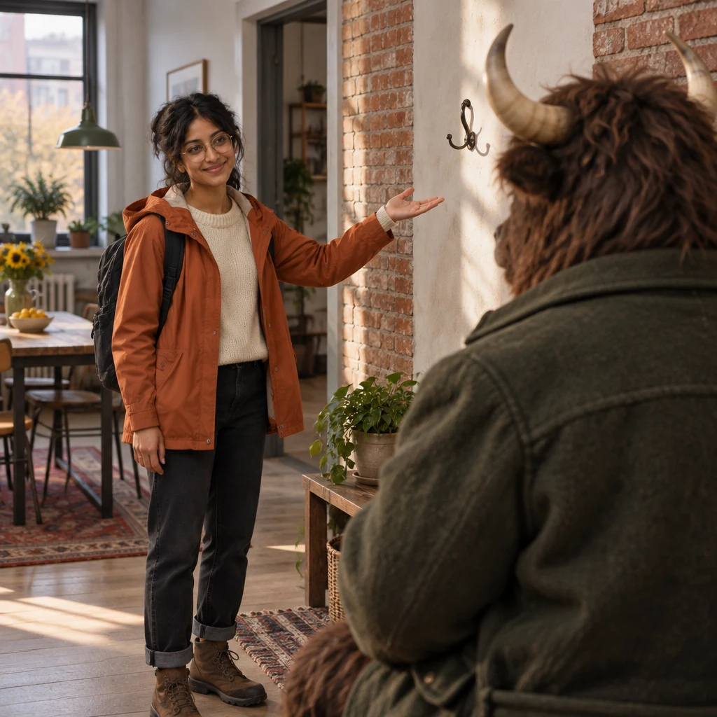 Priya gestures toward the empty wall hook as Anton pauses with his coat still on.