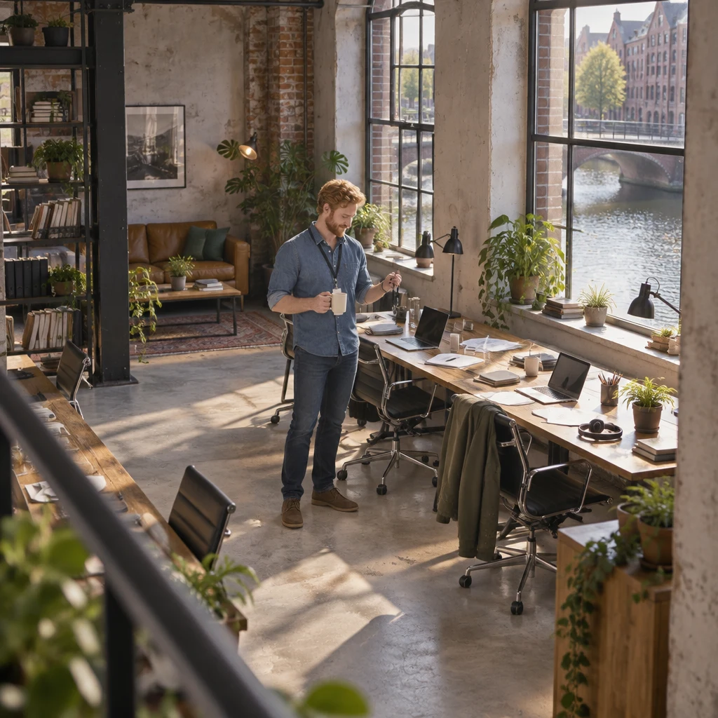 Jonas checks his key ring while holding a coffee mug in the messy canal-side loft.