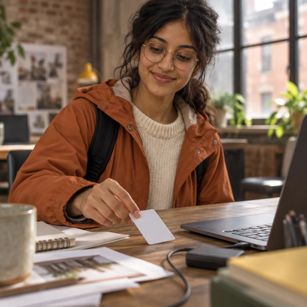 Priya lifts the missing key card from beneath a laptop on the desk.