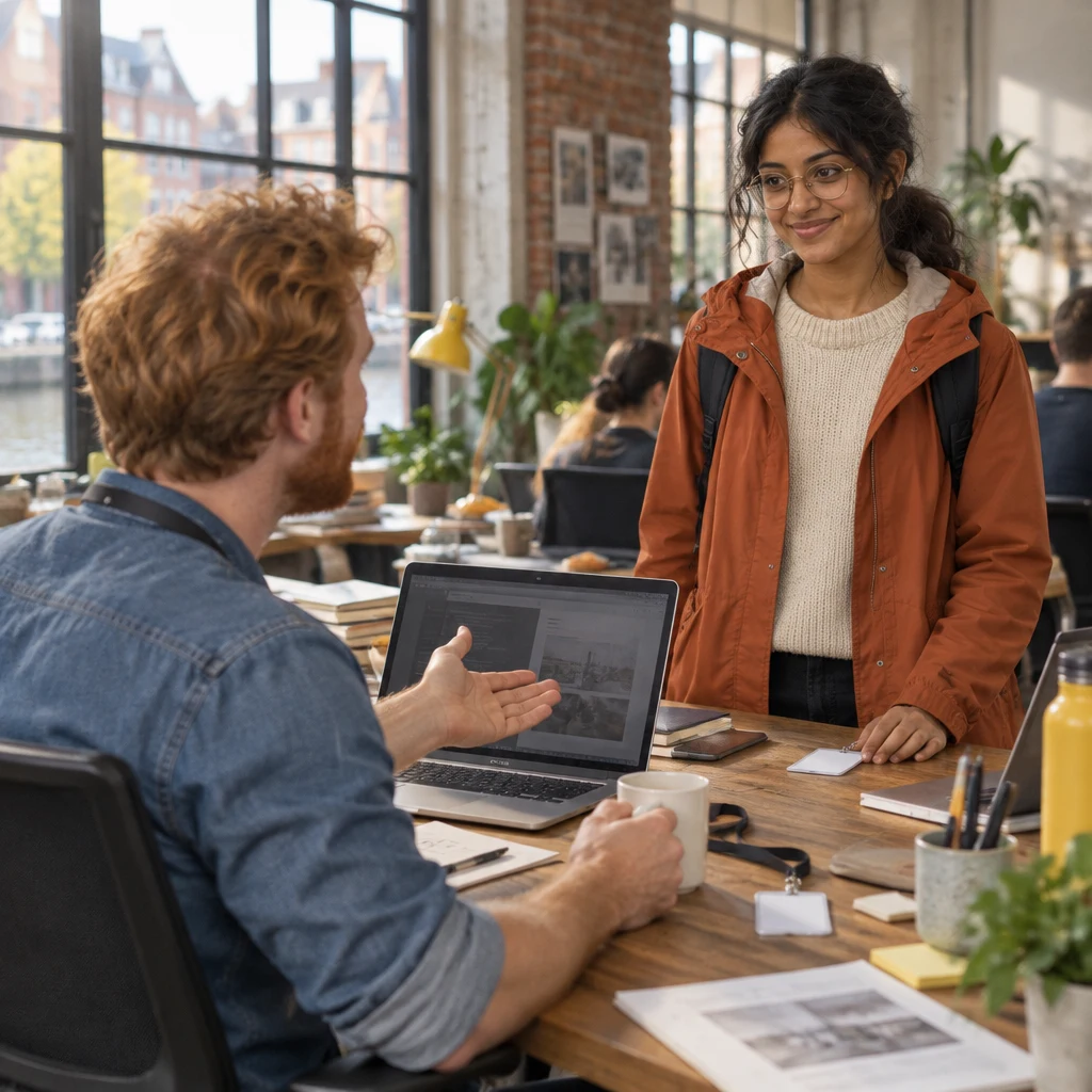 Jonas turns toward Priya after she finds the card, gesturing toward the open laptop and the task.