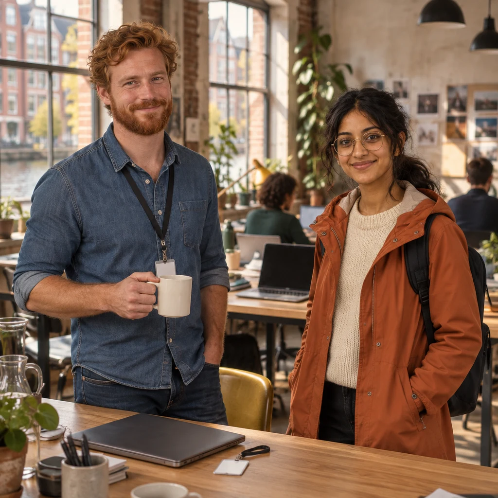 Jonas and Priya share a calm moment beside the desk with the key card and laptop taken care of.