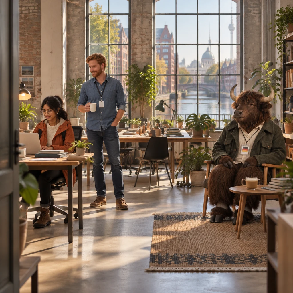 A quiet morning in the canal-side loft, with Priya at her desk, Jonas holding coffee, and Anton already seated with his untouched Milchkaffee.
