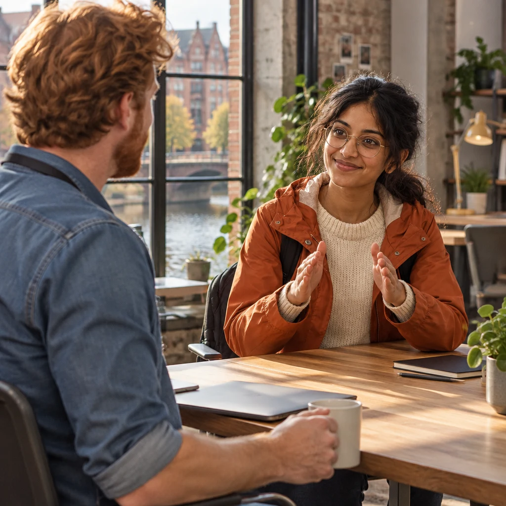 Priya indicates that the meeting would last about an hour while Jonas listens.