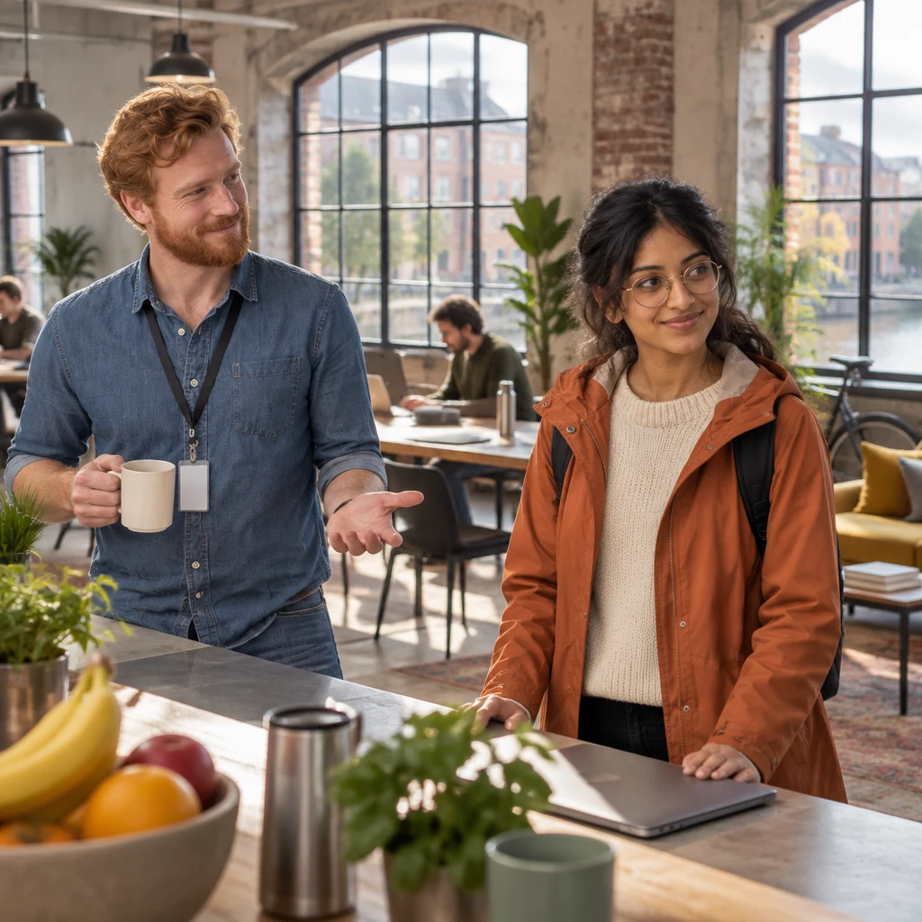 Jonas asks whether the meeting should be online or in the loft as Priya considers the options.