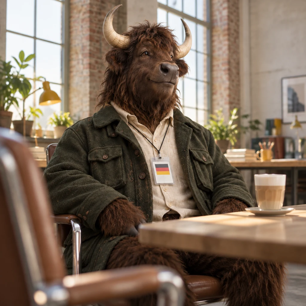 Anton sits ready in the spare chair with his Milchkaffee untouched, confident he will be on time.