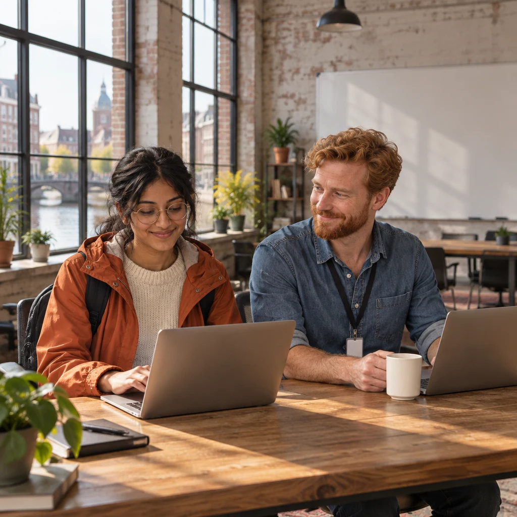 Priya and Jonas begin a quiet project update at their shared desk beside the canal.