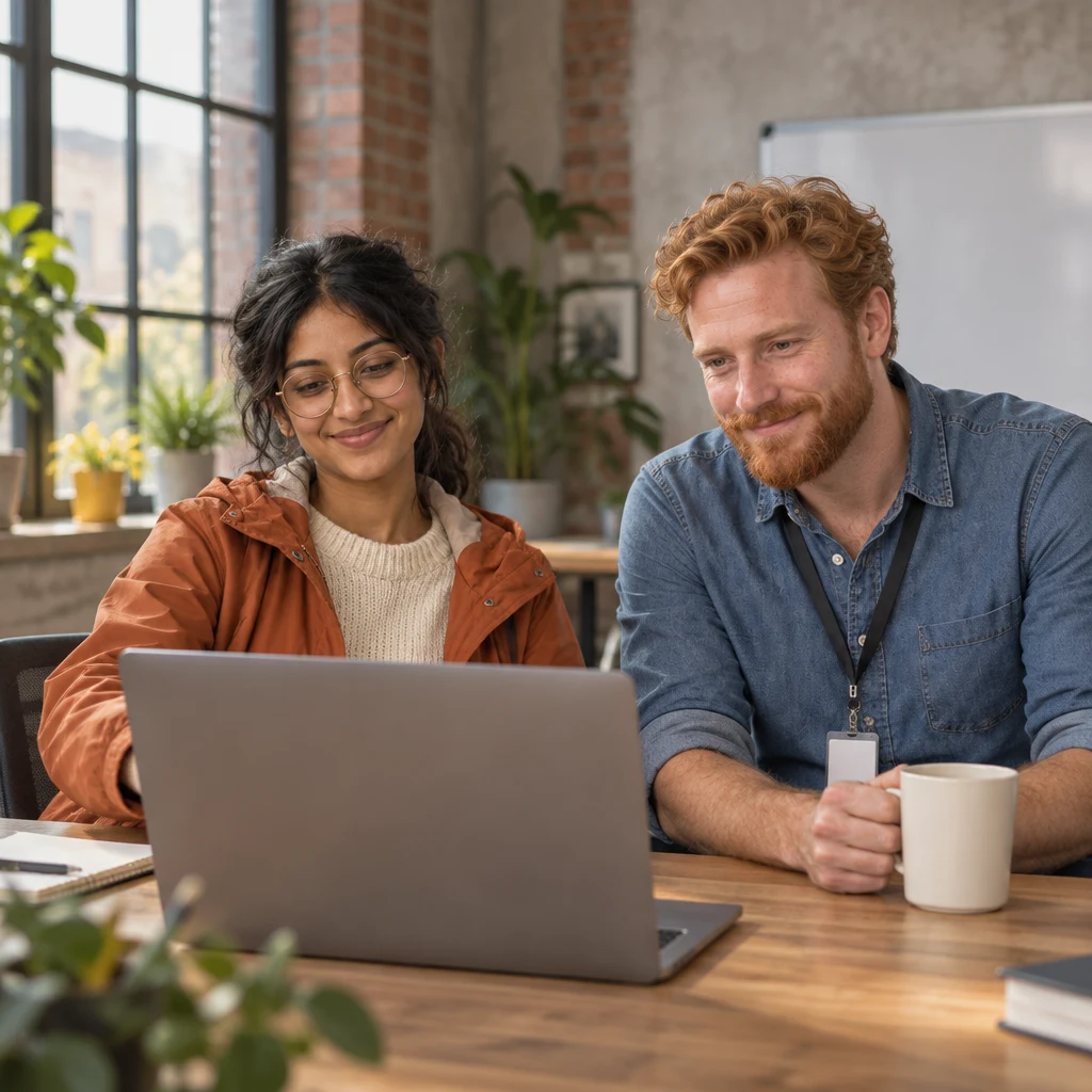 Priya turns her laptop toward Jonas to show that the draft is complete.