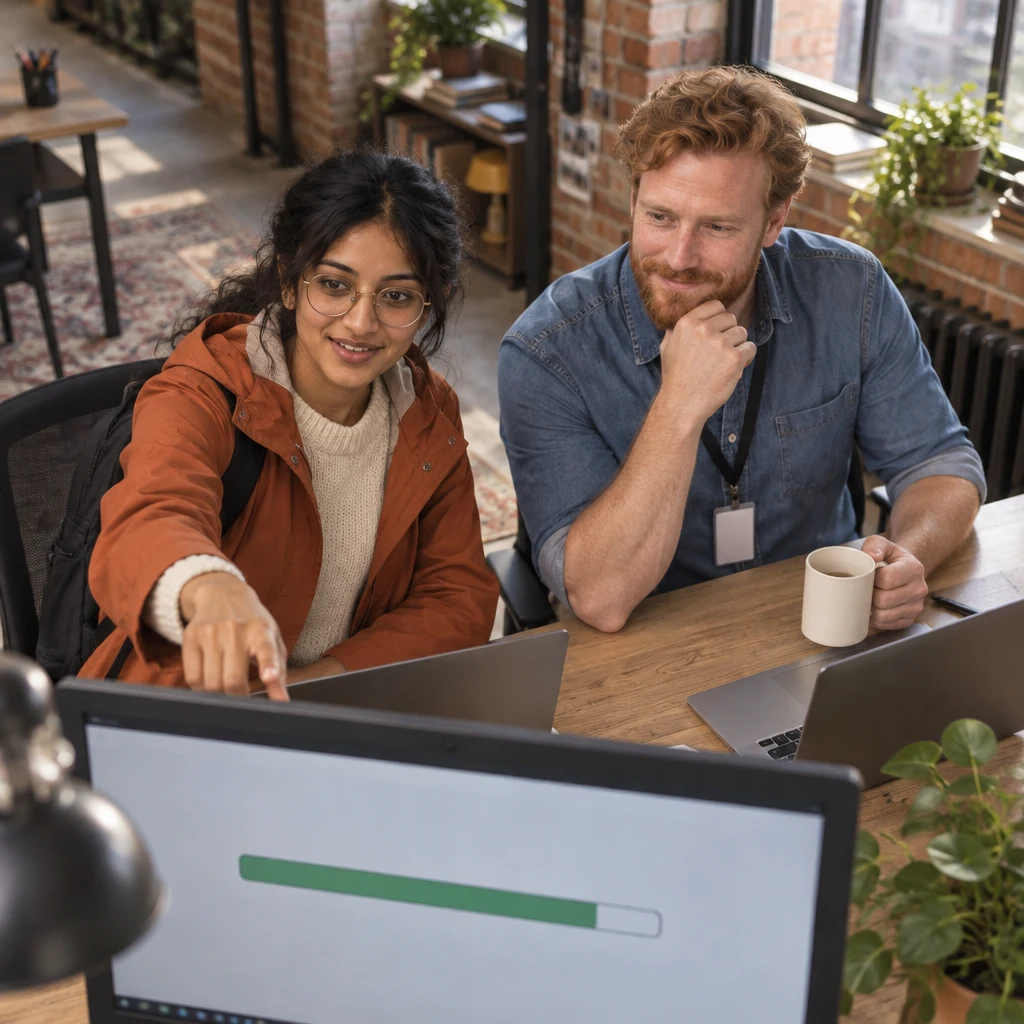 Priya indicates that the project is about four-fifths complete while Jonas listens.