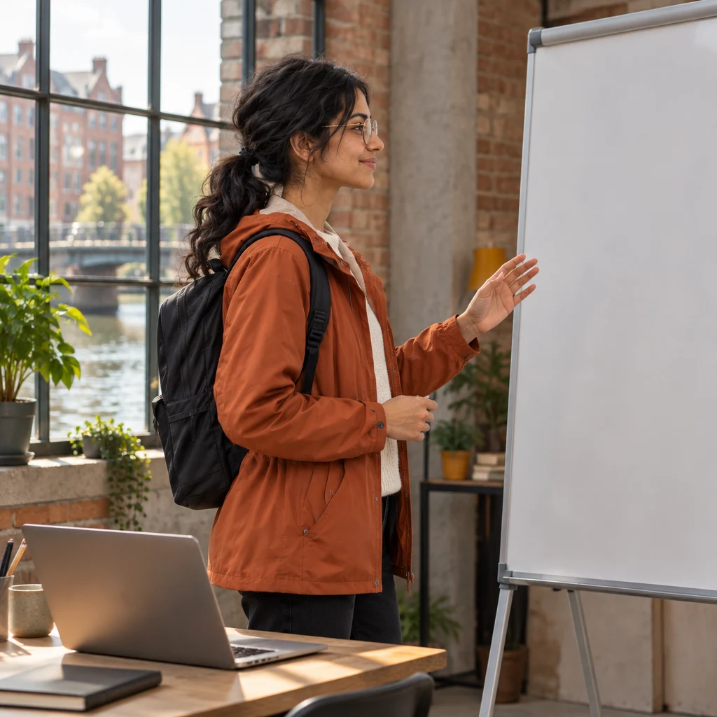 Priya prepares to present the upcoming demo at the whiteboard.