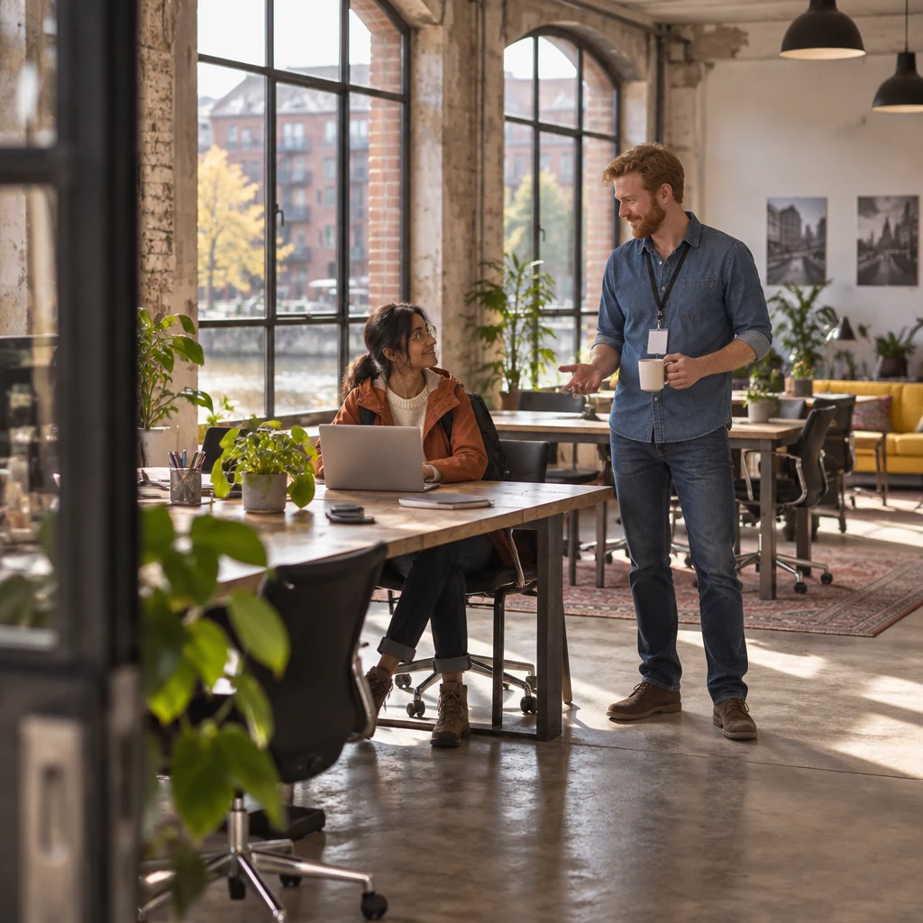 Priya sits at the long desk with an empty email open while Jonas stands nearby holding his mug and encouraging a short message.