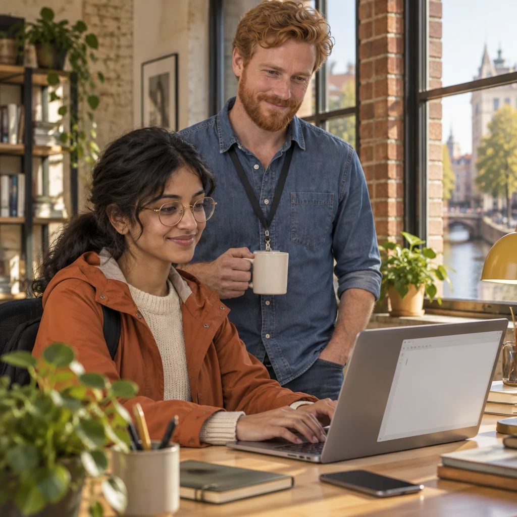 Priya types at the laptop while Jonas watches nearby with his mug.