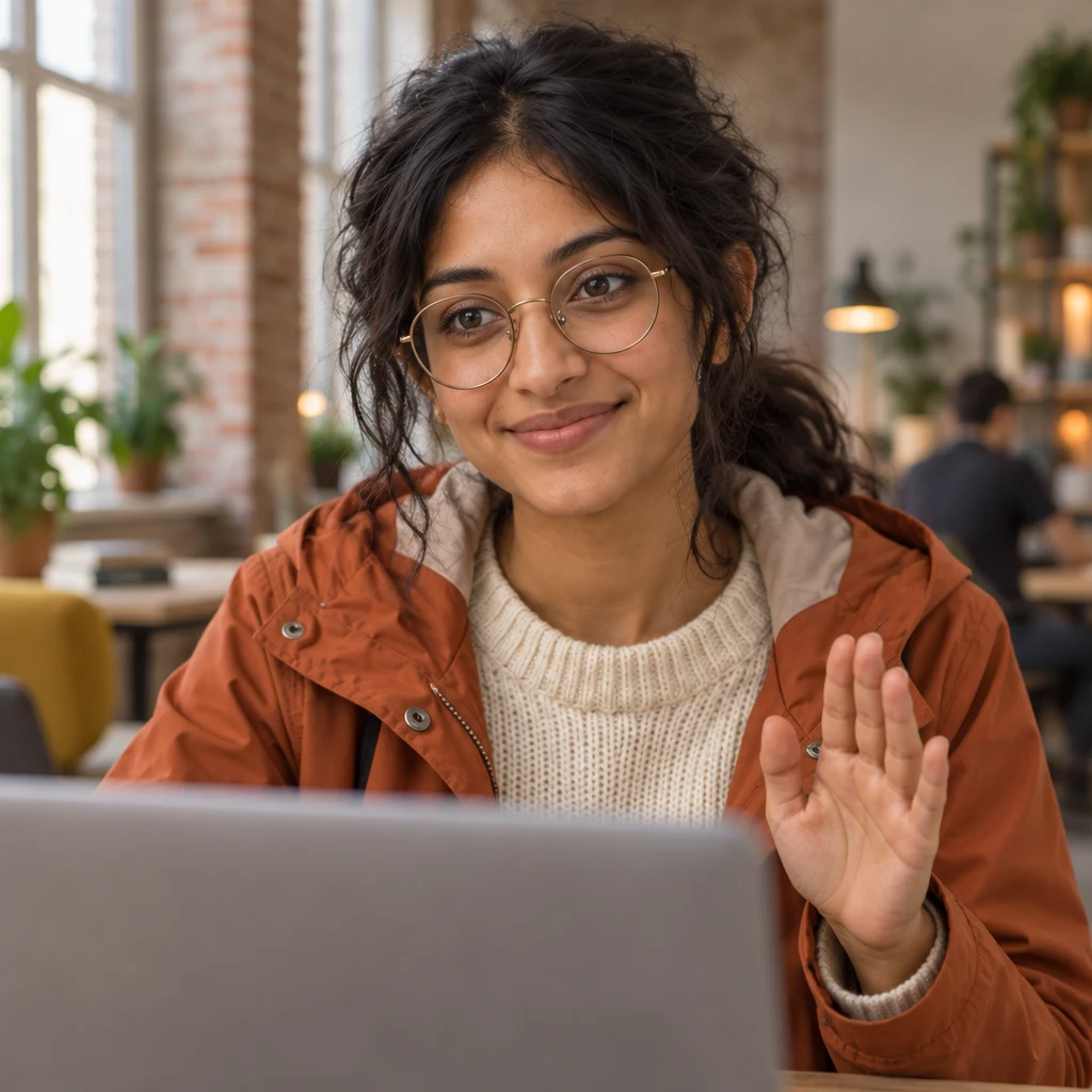 Priya makes a small requesting gesture as she asks the external partner for a brief reply.