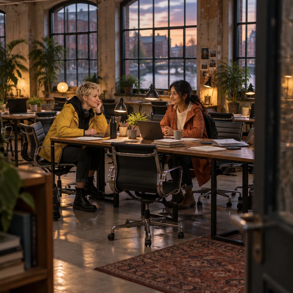 Jule looks worn out at the long desk while Priya sits across from her in the quiet loft after the meeting.