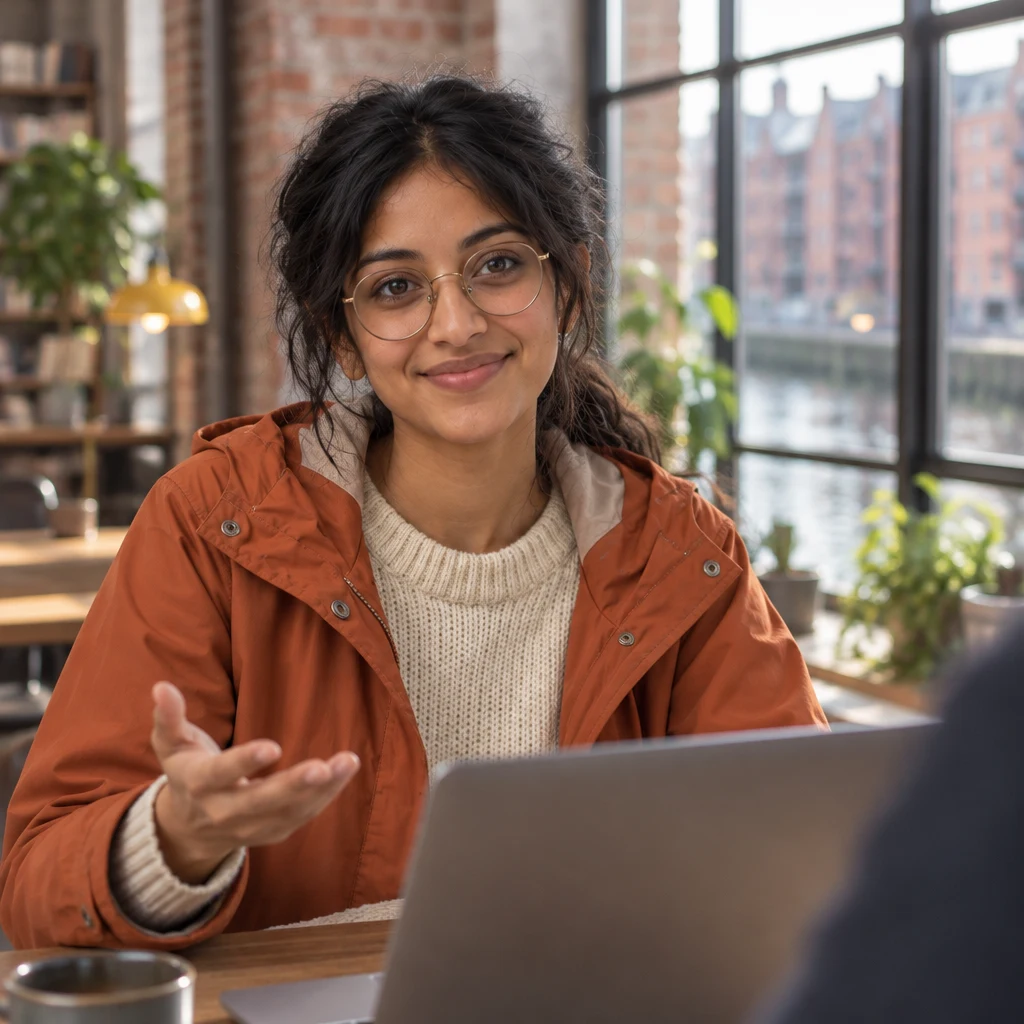 Priya looks up from her laptop and responds with a small open-handed gesture.