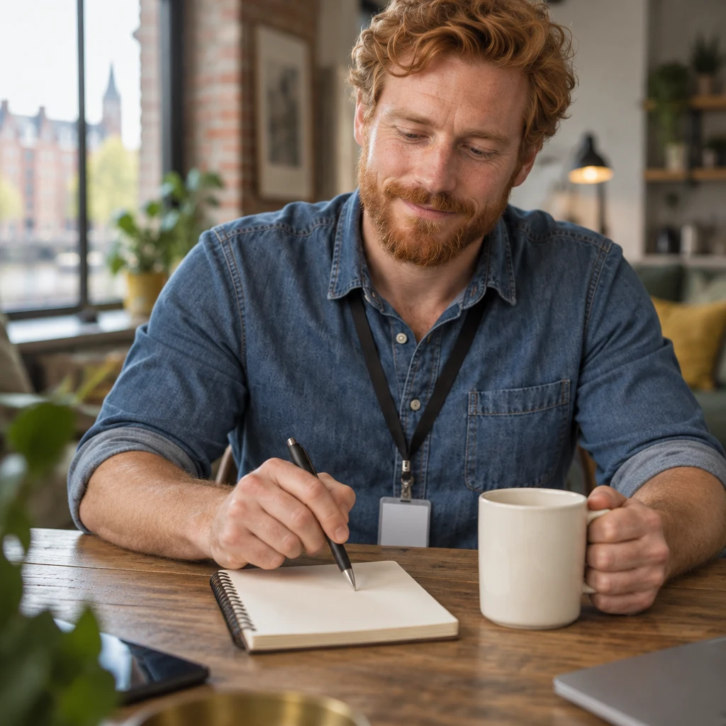 Jonas taps his short blank list beside his coffee mug.