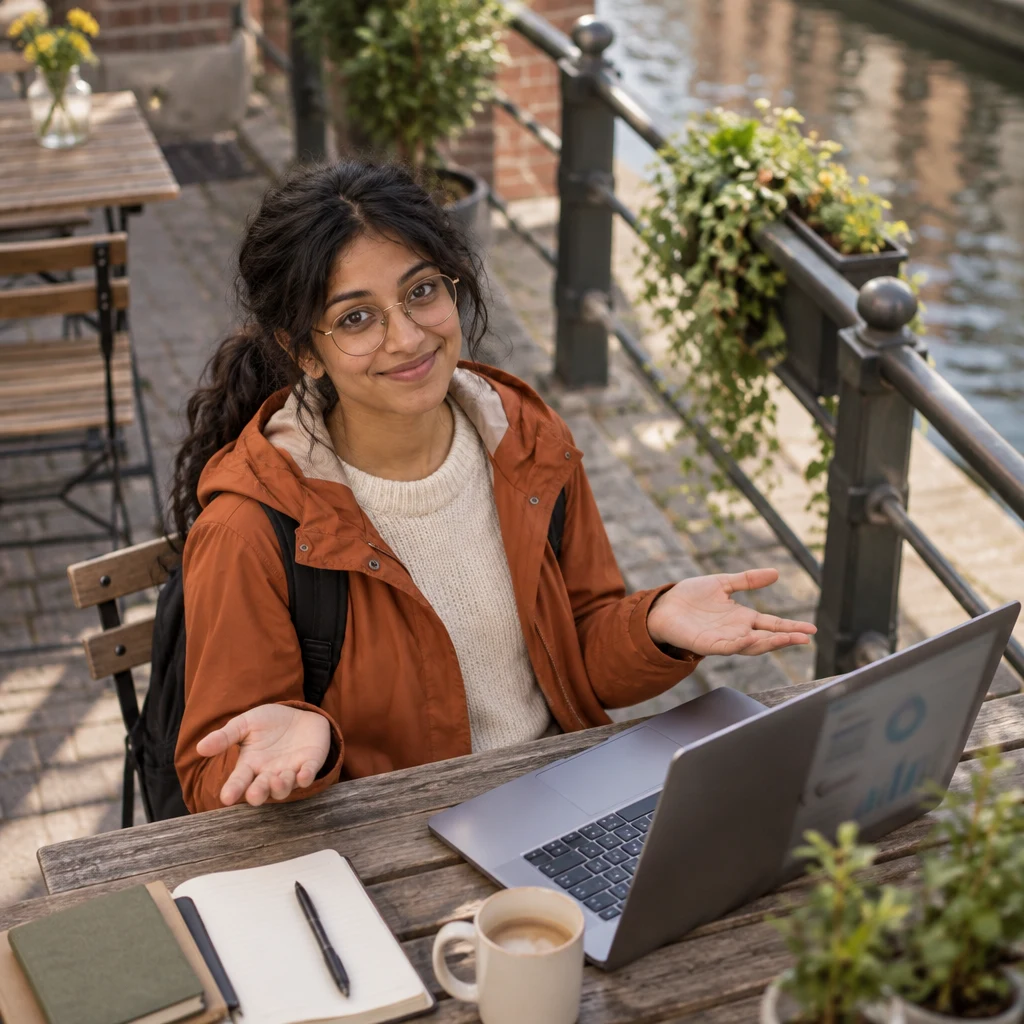 Priya gives a small shrug as the tests continue on her laptop.