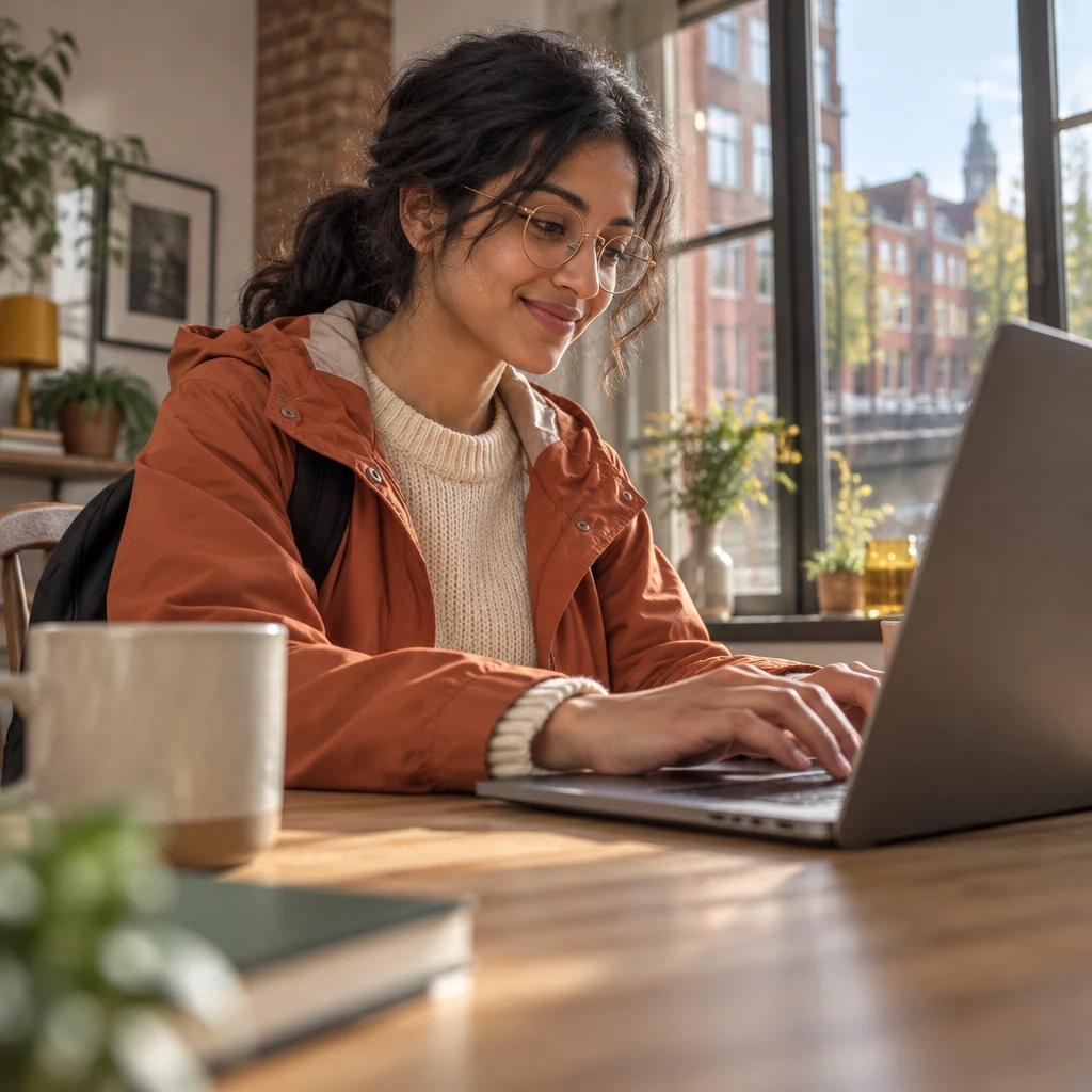 Priya focuses on typing at her laptop, working toward a first version.