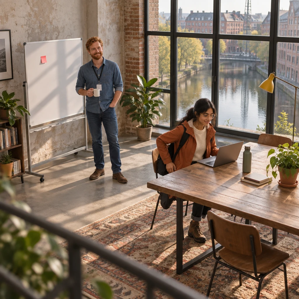 Jonas stands by the board while Priya arrives at the loft table with her laptop.