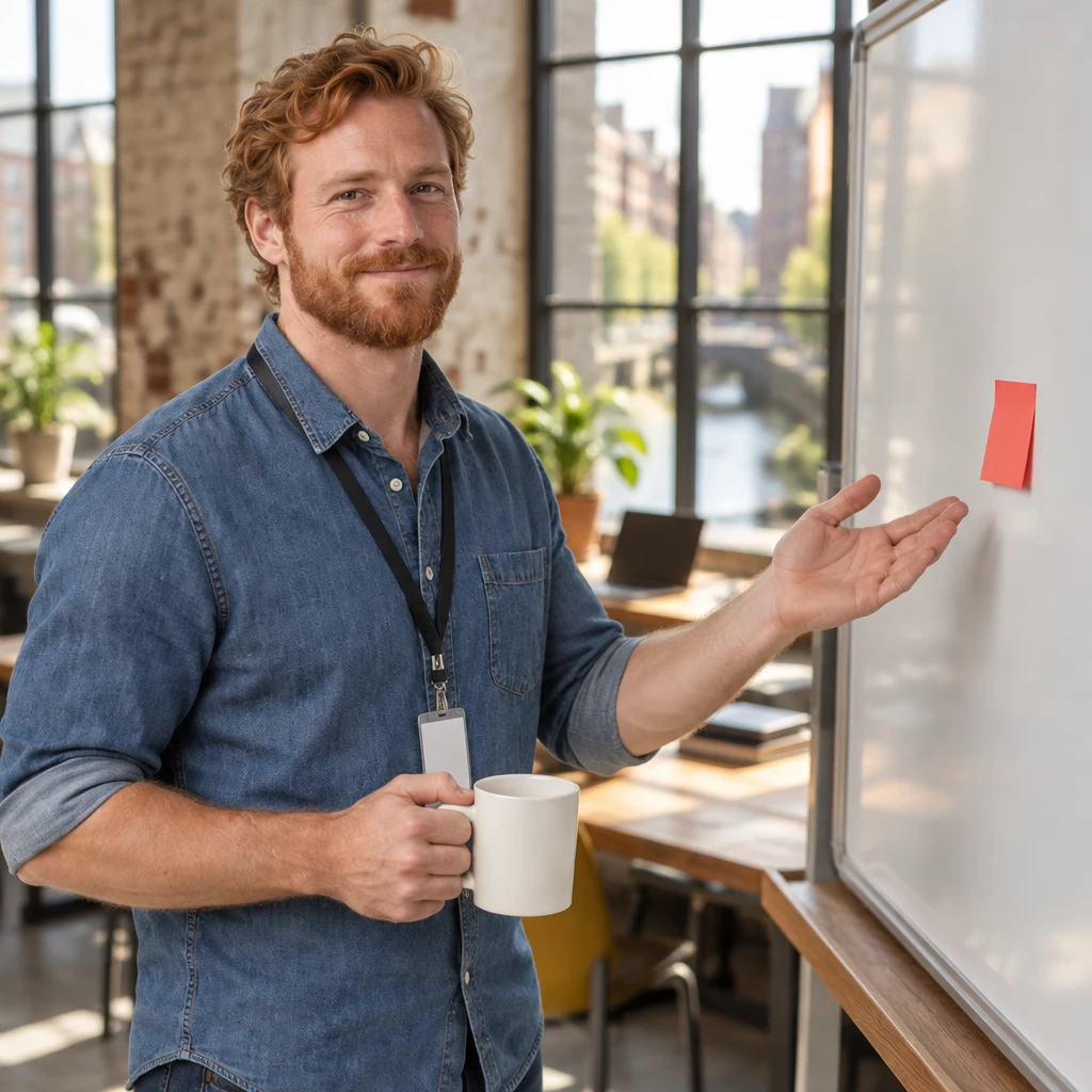 Jonas gestures toward the lone red ticket while holding his mug.