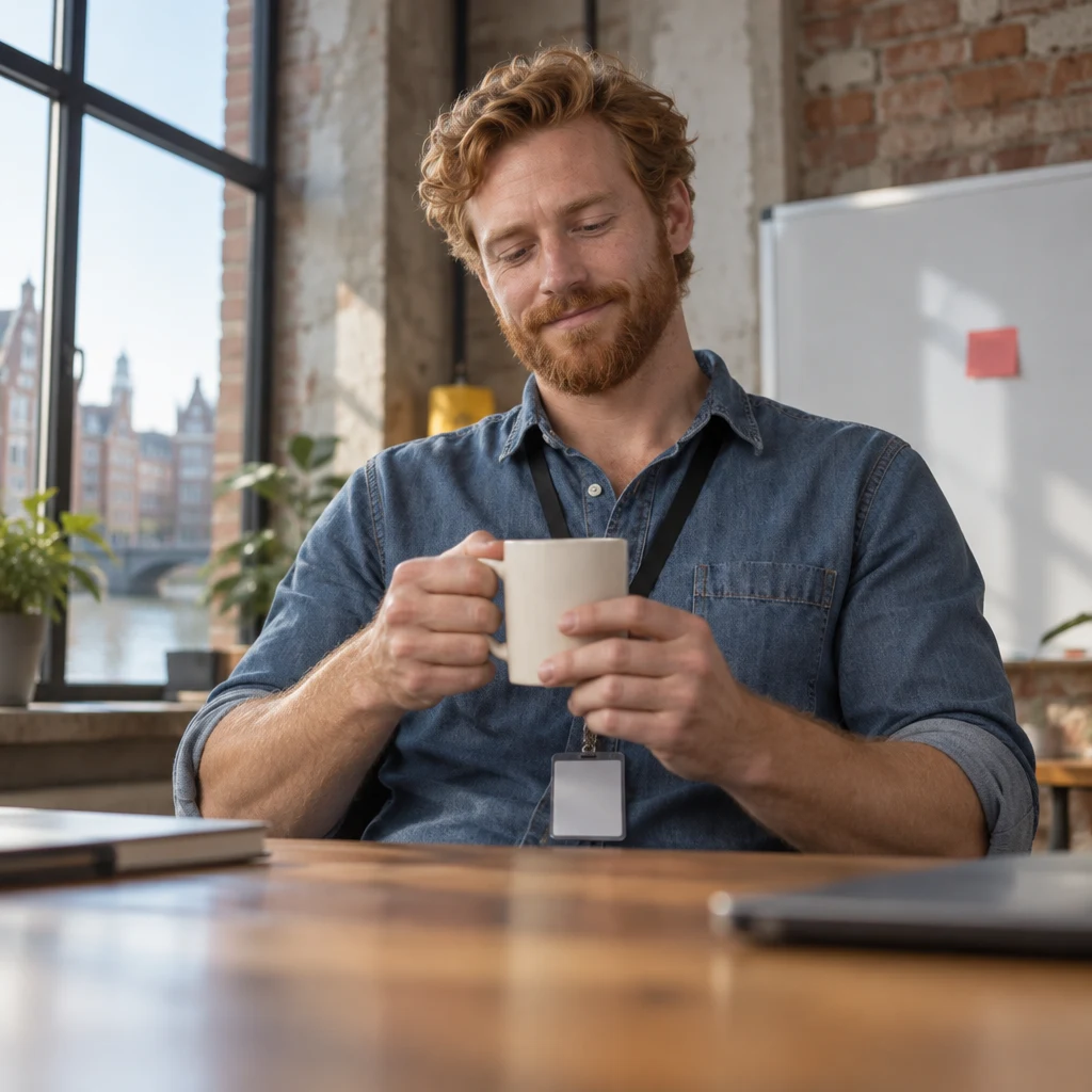 Jonas turns his mug on the table, pausing in a thoughtful moment.