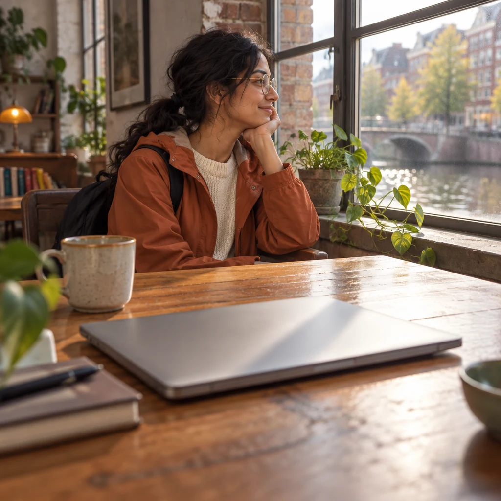 Priya sits by the canal window with her laptop closed, remaining in the loft.