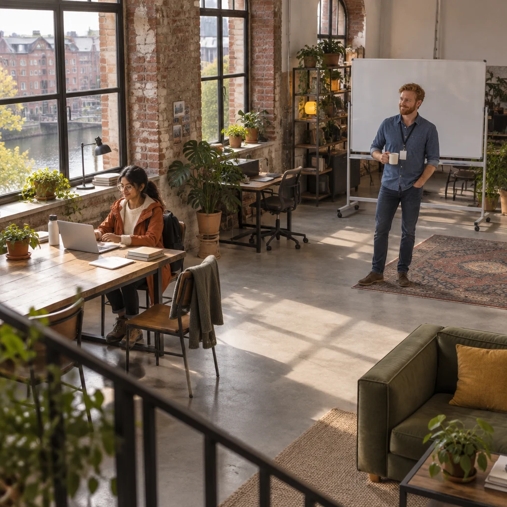 Priya settles at her laptop while Jonas looks up from his coffee mug in the quiet loft.