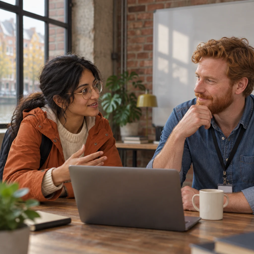 Priya leans toward Jonas and makes a calm request for a day off.