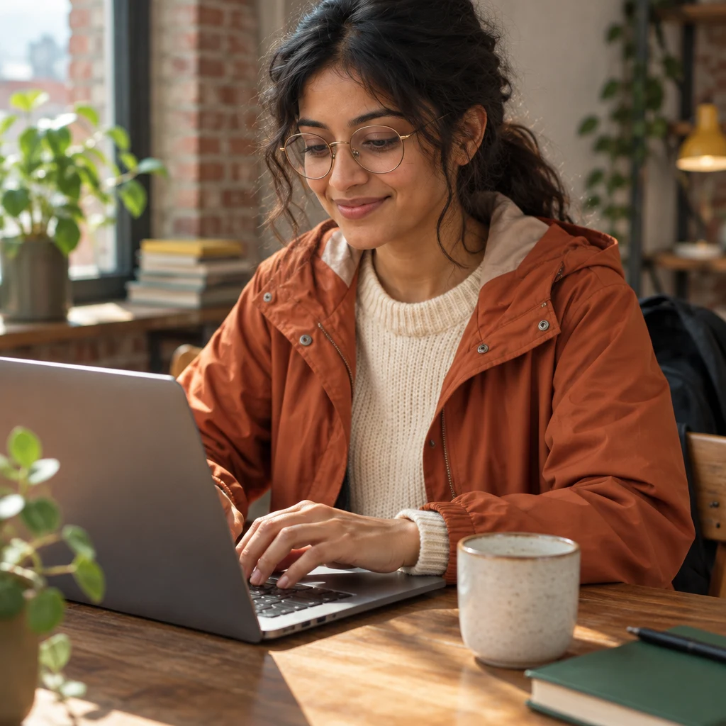 Priya works at her laptop, preparing to finish her tasks before taking the day off.